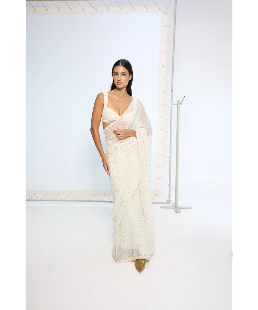 EKAYA BANARAS - White Polka Dotted Saree