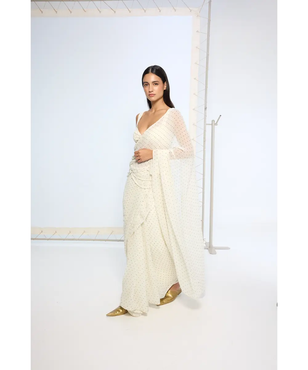 EKAYA BANARAS - White Polka Dotted Saree