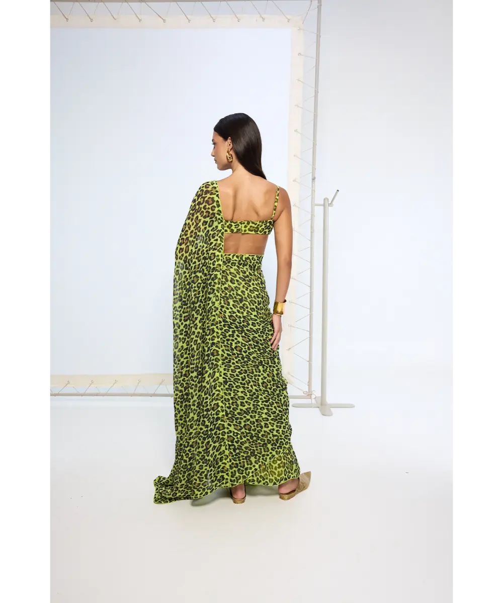EKAYA BANARAS - Green Leopard Print Saree