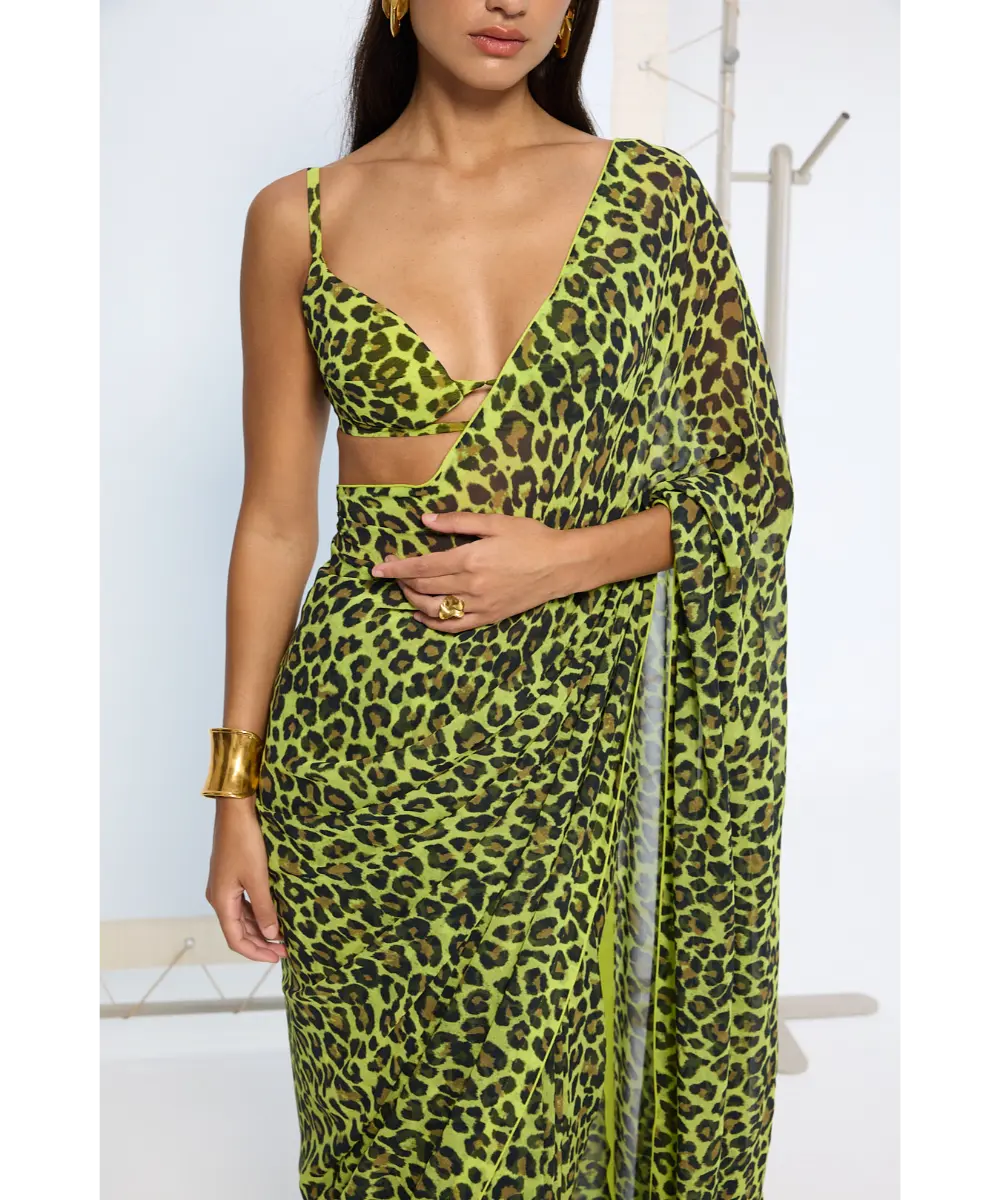 EKAYA BANARAS - Green Leopard Print Saree