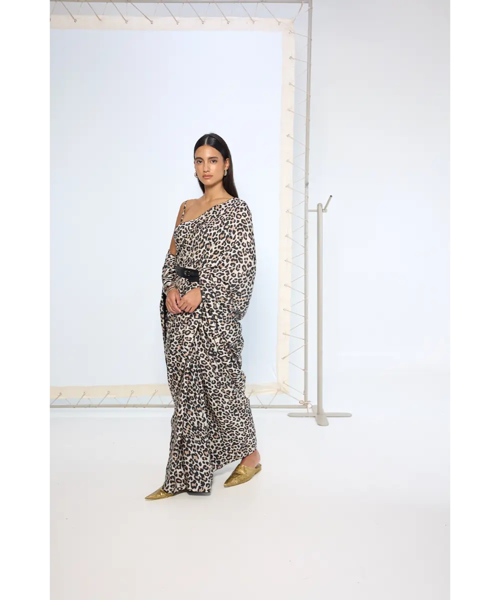 EKAYA BANARAS - Black & White Leopard Print Saree