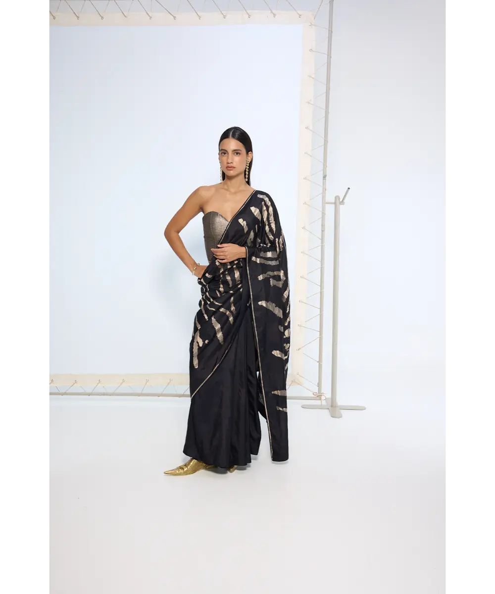 EKAYA BANARAS - Handwoven Noir and Silver Silk Saree