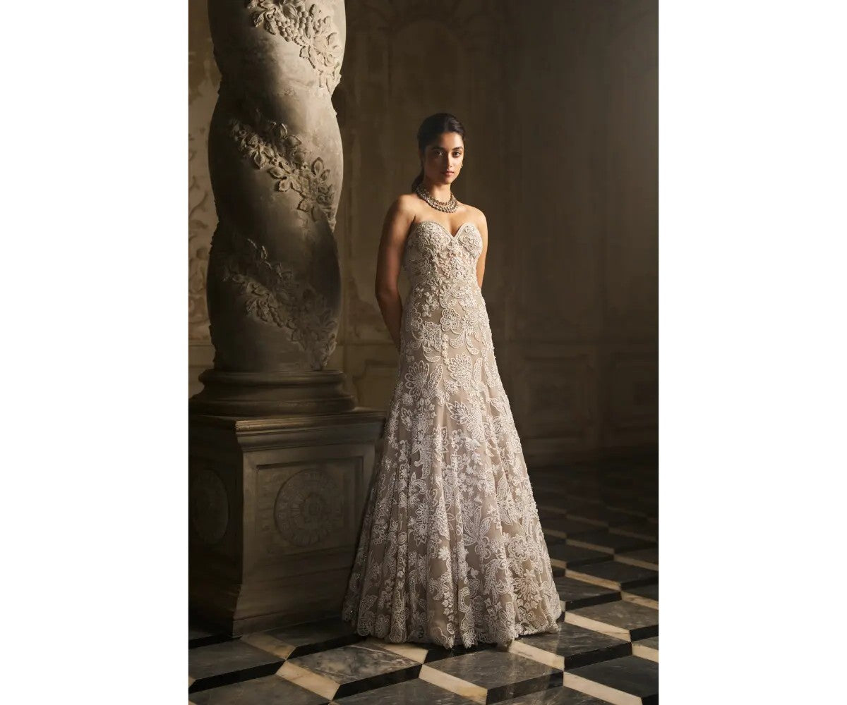 SEEMA GUJRAL- Off-Shoulder Nude Gown