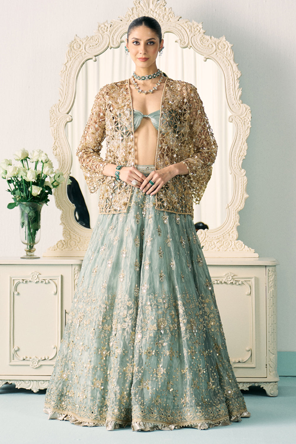 Sanya Gulati - Aqua Tissue Lehenga With Jacket Set from Jawaani Janeman