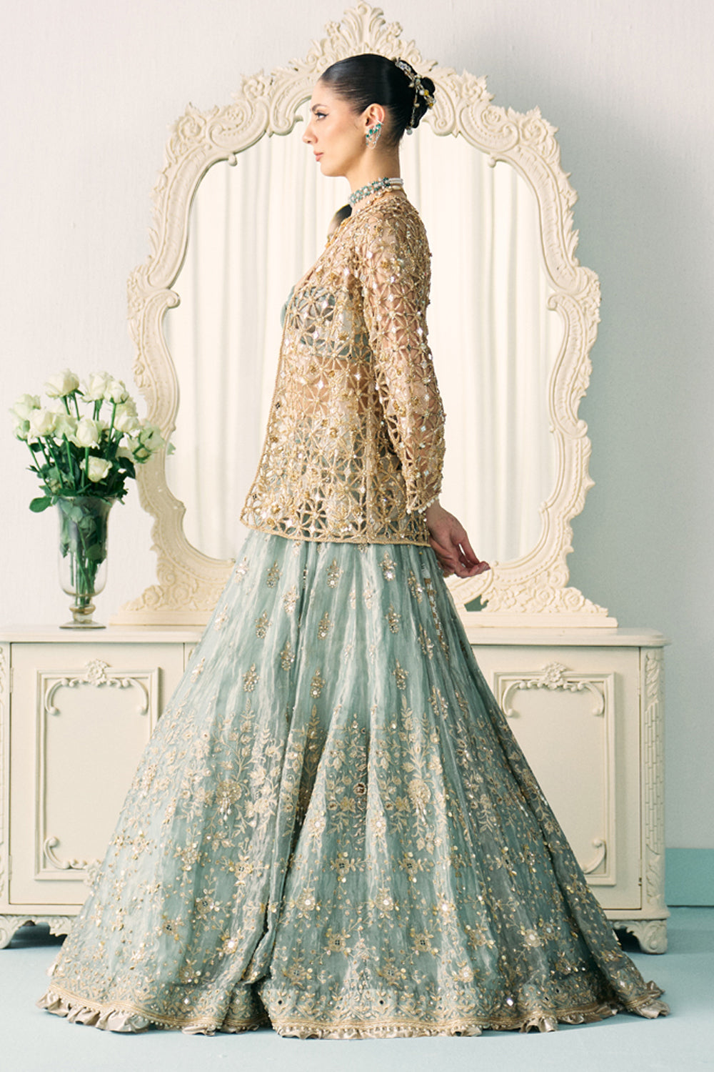 Sanya Gulati - Aqua Tissue Lehenga With Jacket Set from Jawaani Janeman
