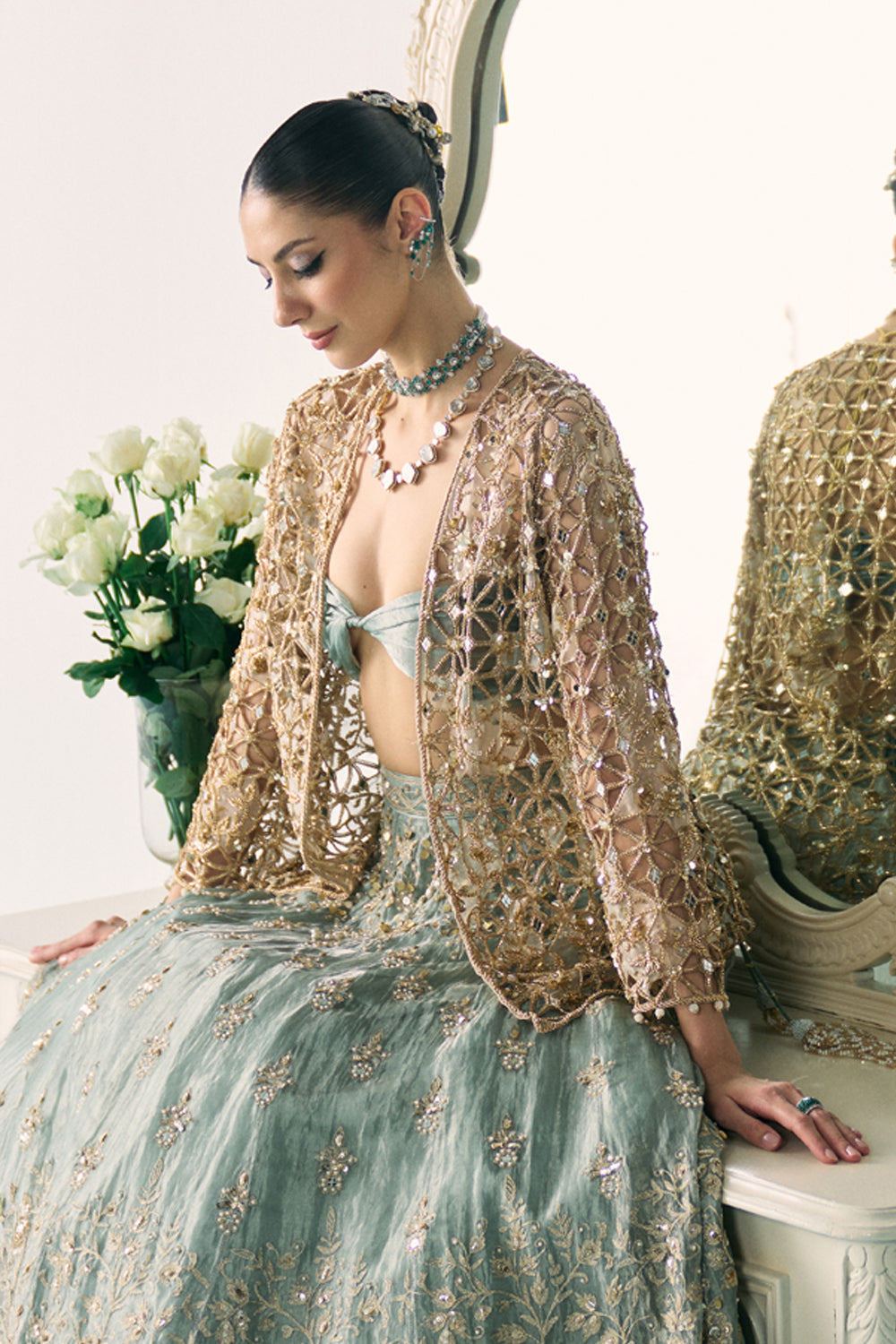 Sanya Gulati - Aqua Tissue Lehenga With Jacket Set from Jawaani Janeman