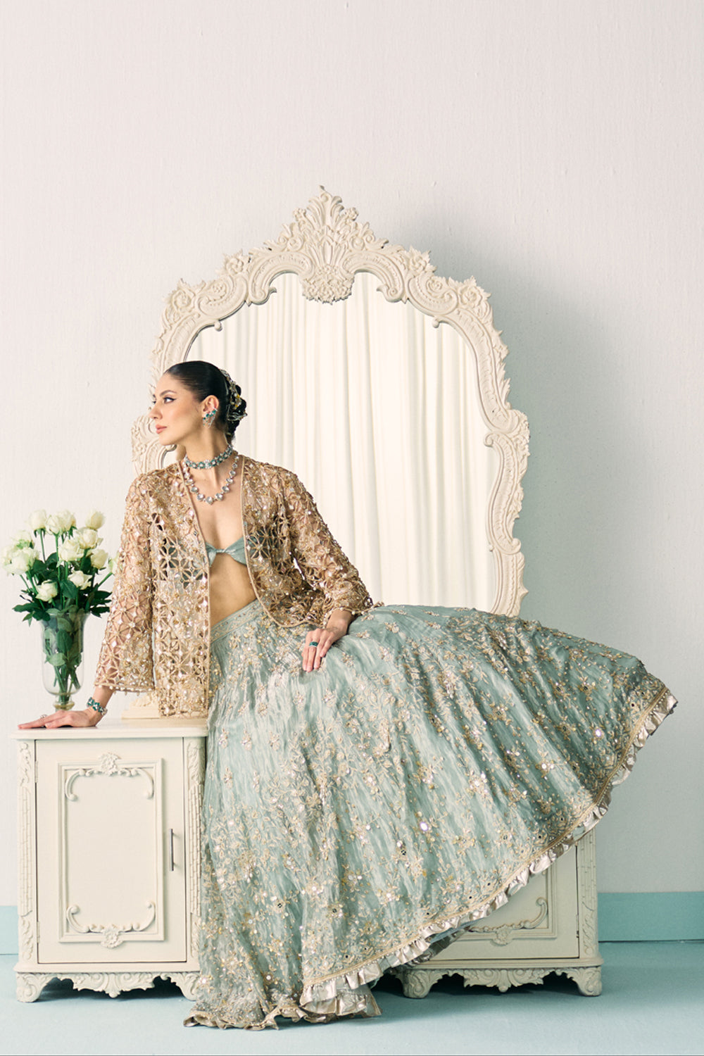 Sanya Gulati - Aqua Tissue Lehenga With Jacket Set from Jawaani Janeman