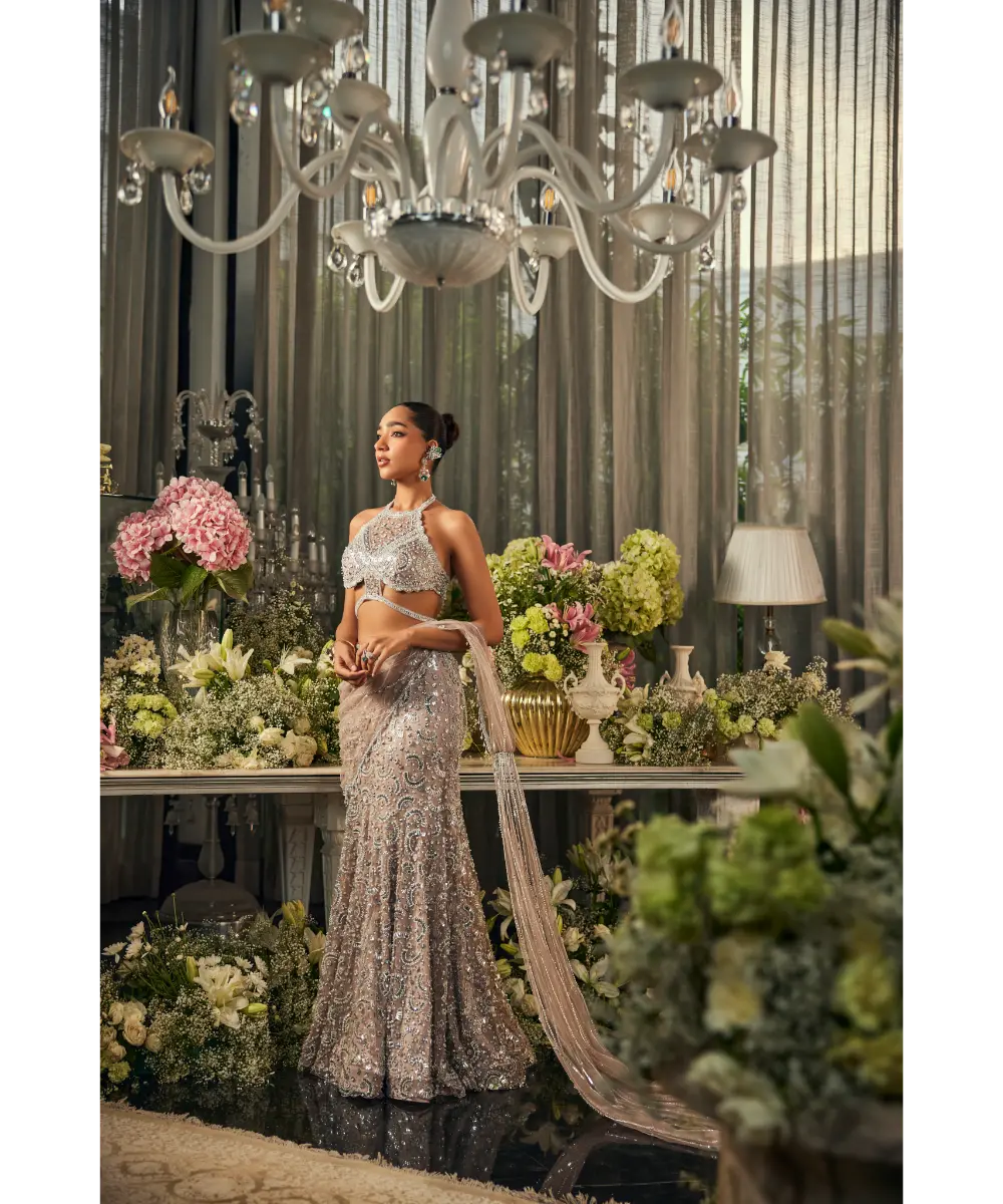 ISA BY DOLLY WAHAL - Nude Grey Net Sequins & Cutdana Embroidered Pre-Draped Skirt Saree Set