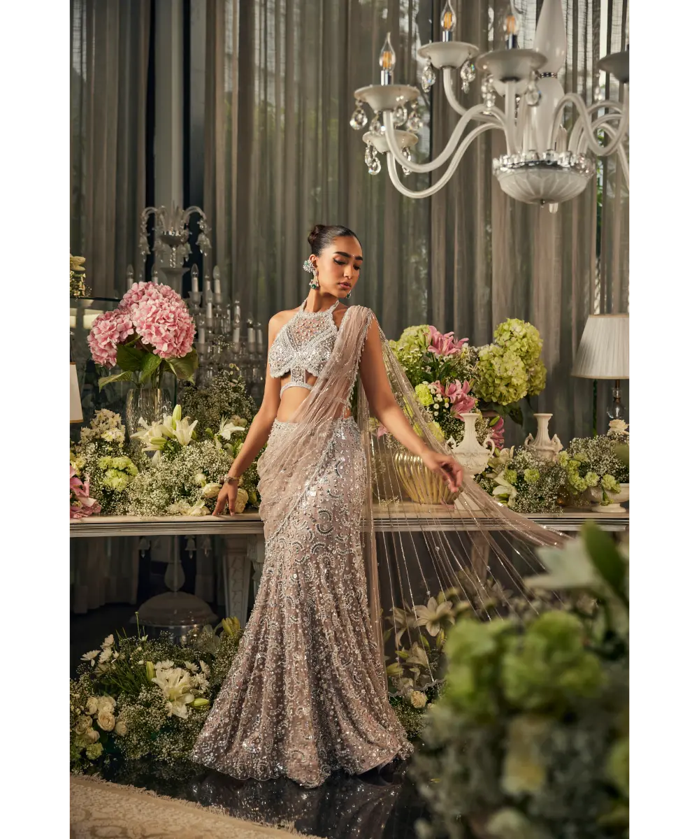 ISA BY DOLLY WAHAL - Nude Grey Net Sequins & Cutdana Embroidered Pre-Draped Skirt Saree Set