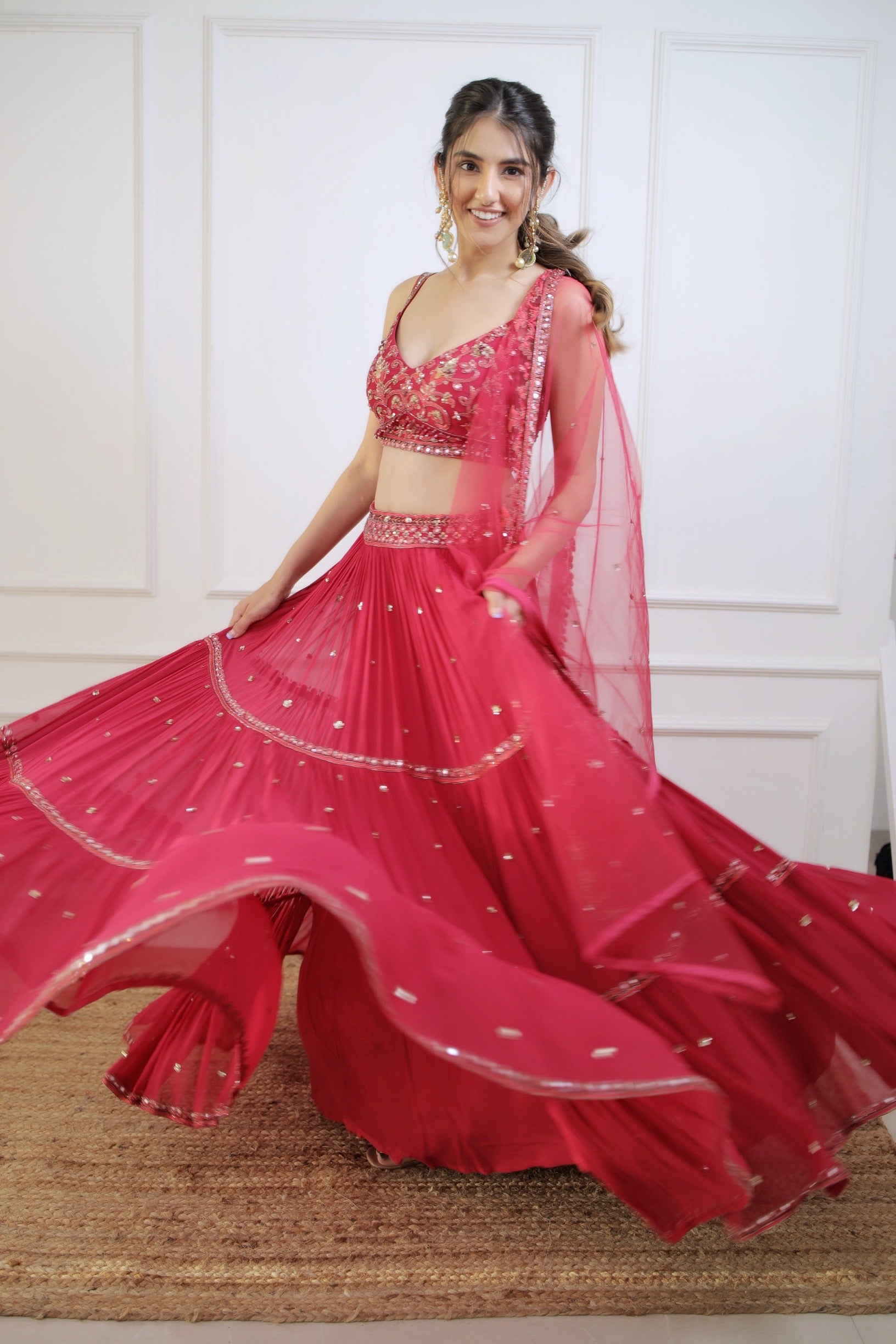 Sanya Gulati - Meher in  Fuchsia Three Tiered Lehenga with Blouse and Dupatta Set from Fizah
