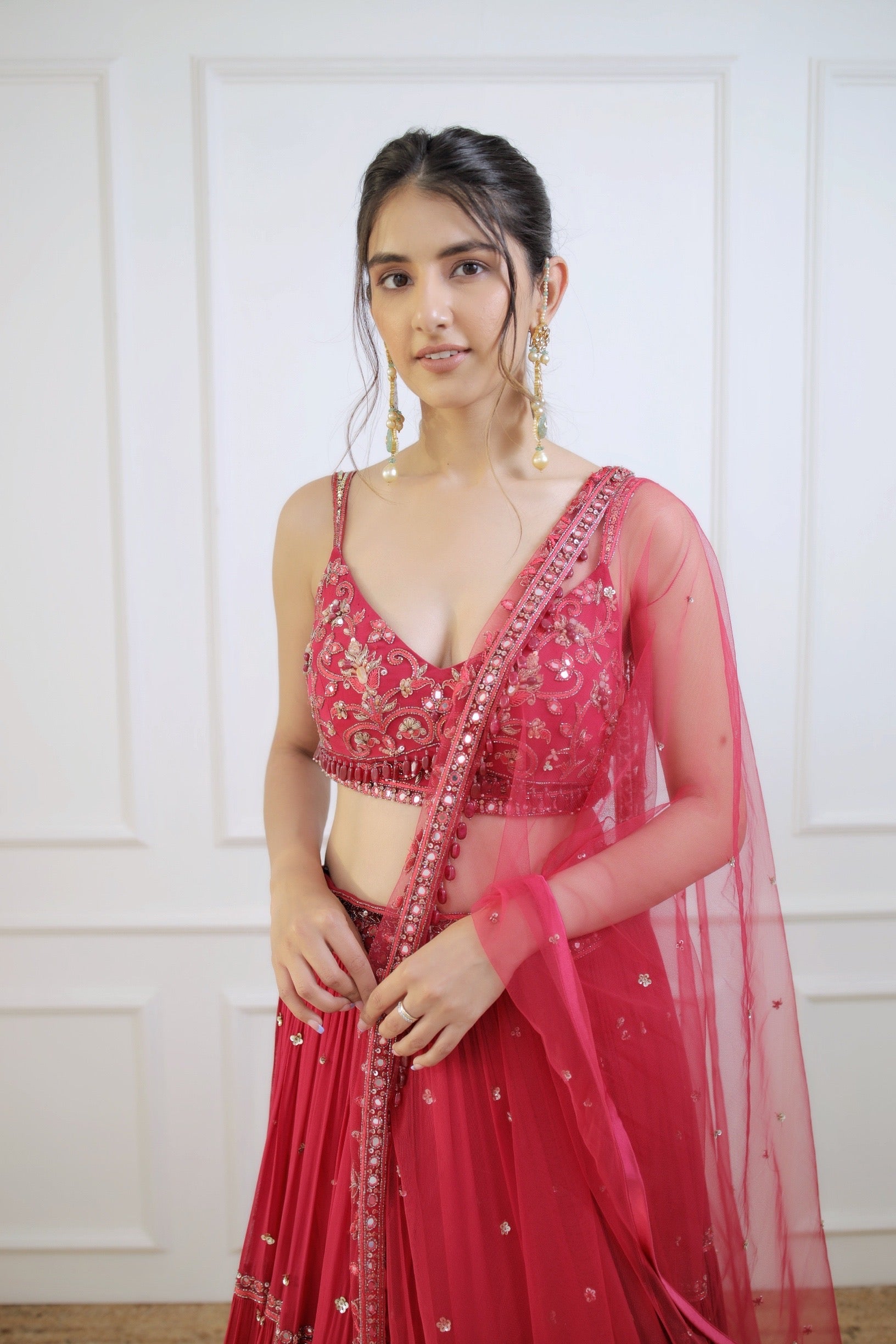Sanya Gulati - Meher in  Fuchsia Three Tiered Lehenga with Blouse and Dupatta Set from Fizah