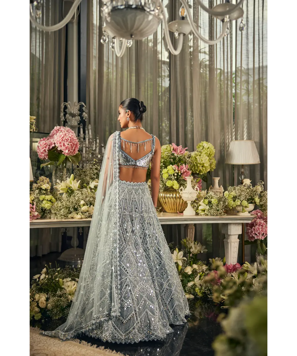 Blue Net Mirror & Sequins Embroidered Lehenga Set