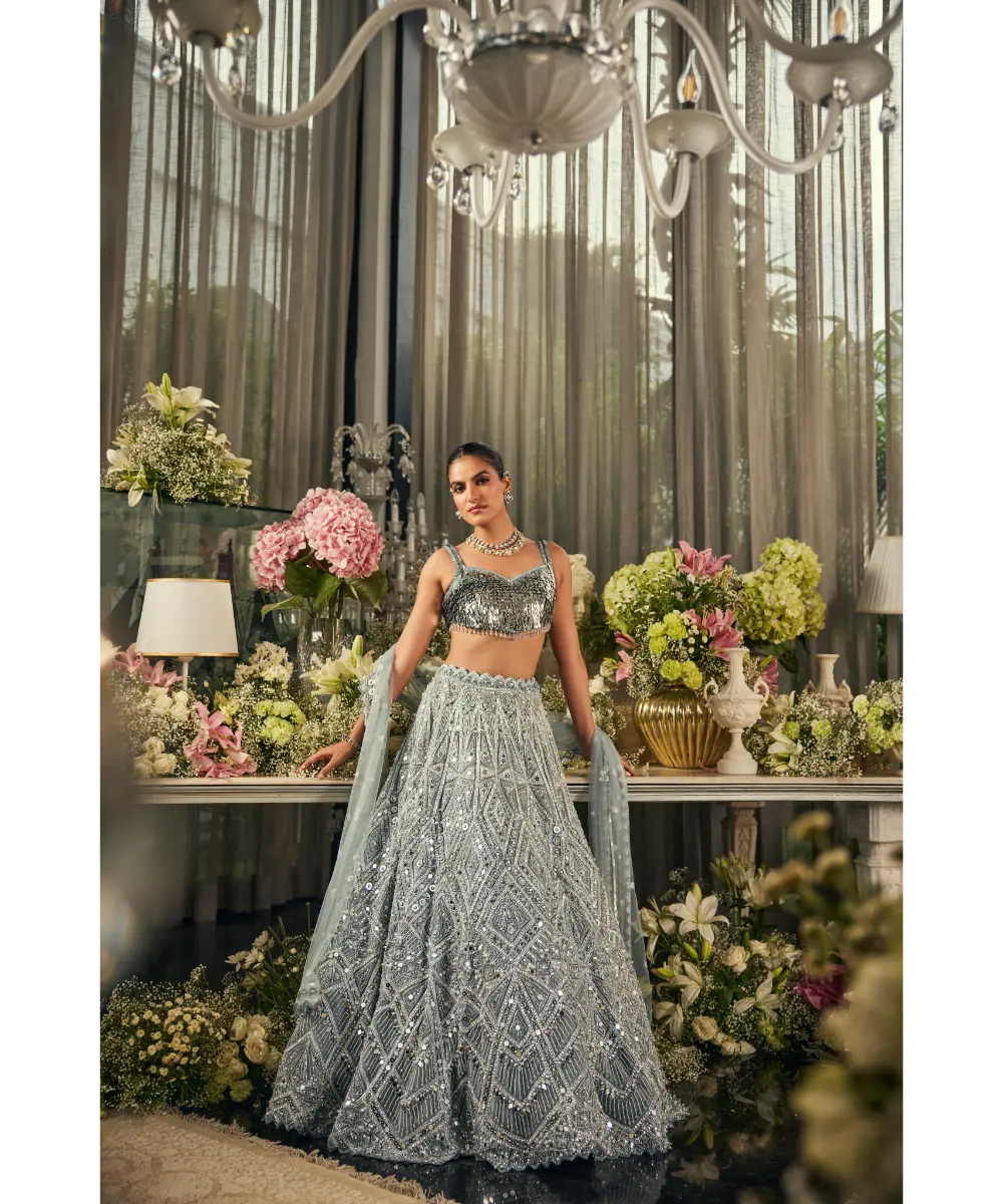 Blue Net Mirror & Sequins Embroidered Lehenga Set