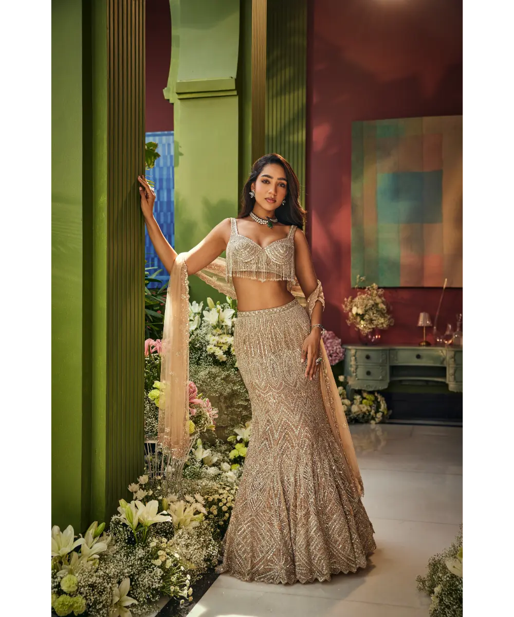 ISA BY DOLLY WAHAL - Rose Gold & Silver Net Sequins & Cutdana Embroidery Fish Cut Lehenga Set