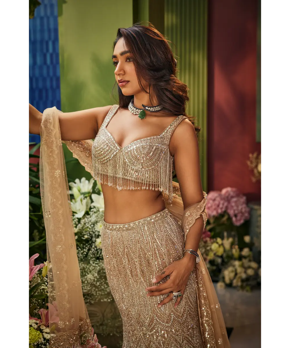 Rose Gold & Silver Net Sequins & Cutdana Embroidery Fish Cut Lehenga Set