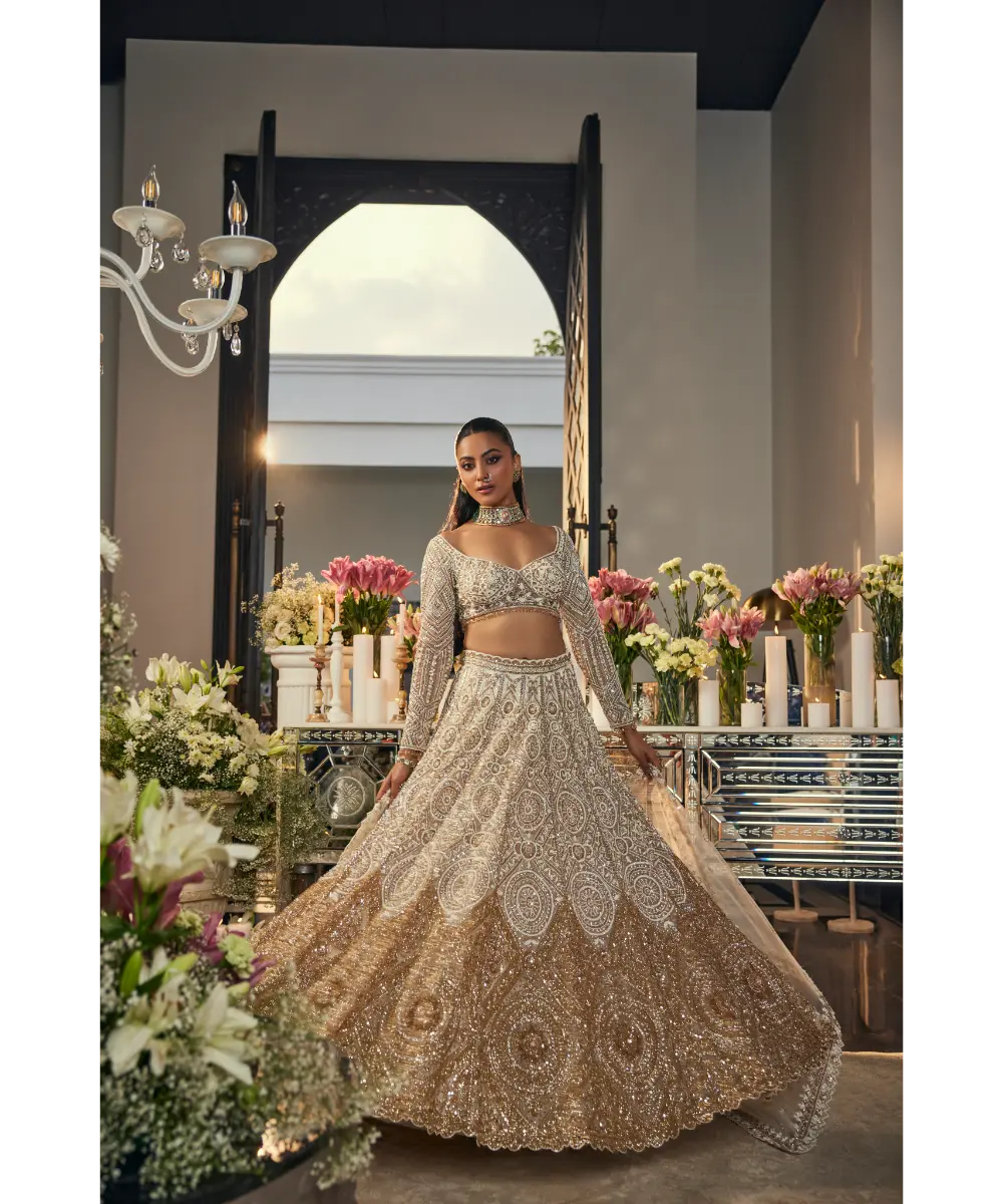 Ivory & Gold Net Sequins & Cutdana Embroidered Lehenga Set