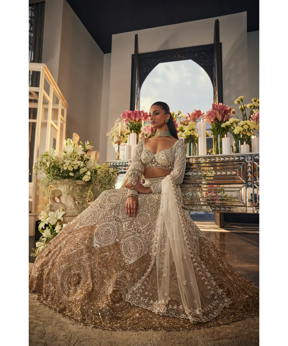 Ivory & Gold Net Sequins & Cutdana Embroidered Lehenga Set