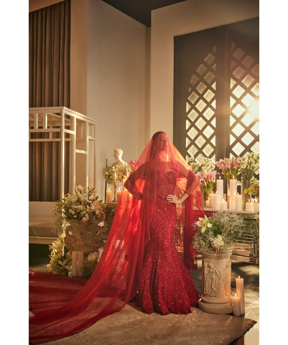 ISA BY DOLLY WAHAL - Scarlet Red Net Sequins & Cutdana Embroidered Fish-Cut Lehenga Set