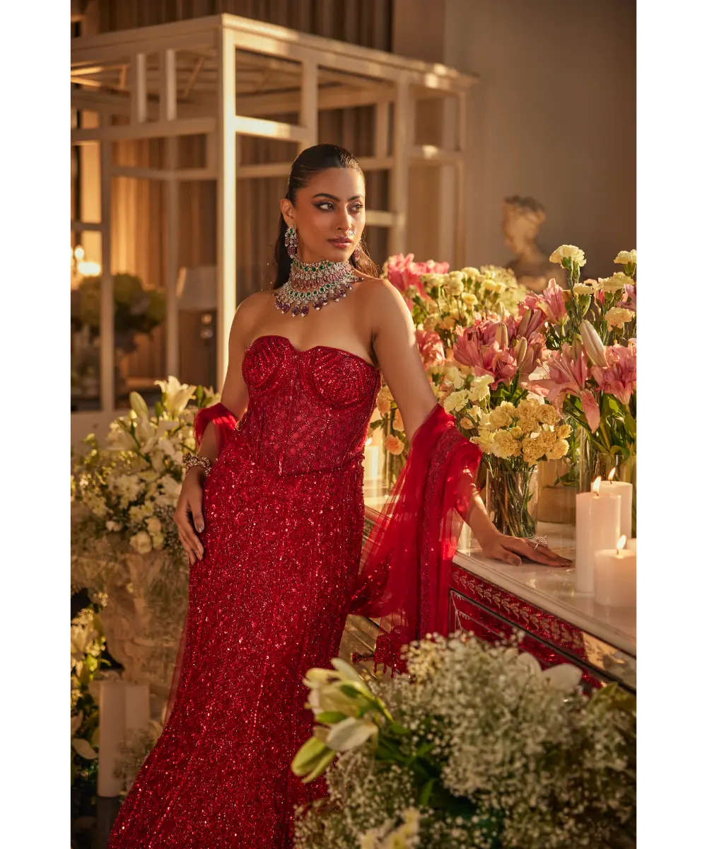 ISA BY DOLLY WAHAL - Scarlet Red Net Sequins & Cutdana Embroidered Fish-Cut Lehenga Set