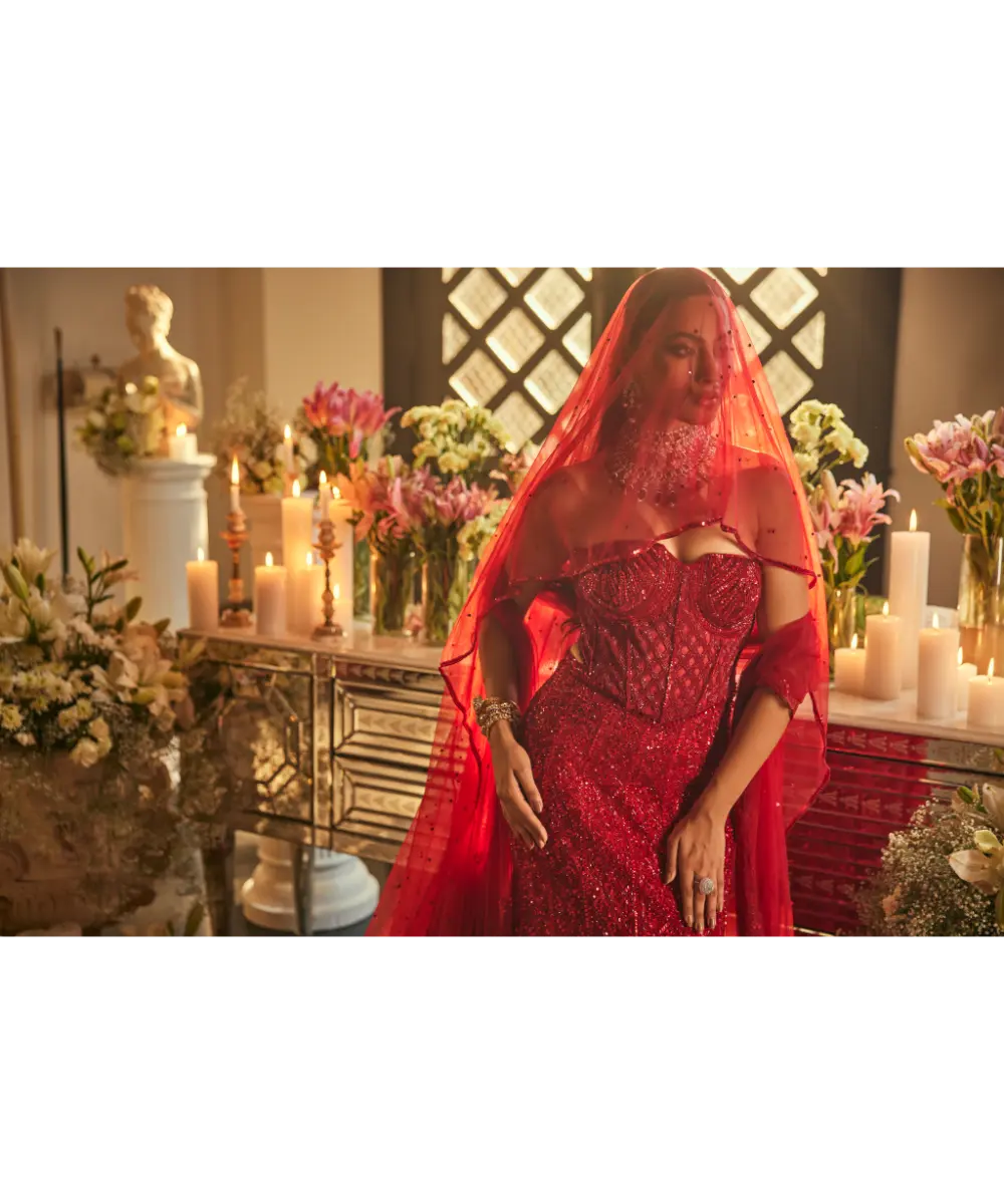 Scarlet Red Net Sequins & Cutdana Embroidered Fish-Cut Lehenga Set