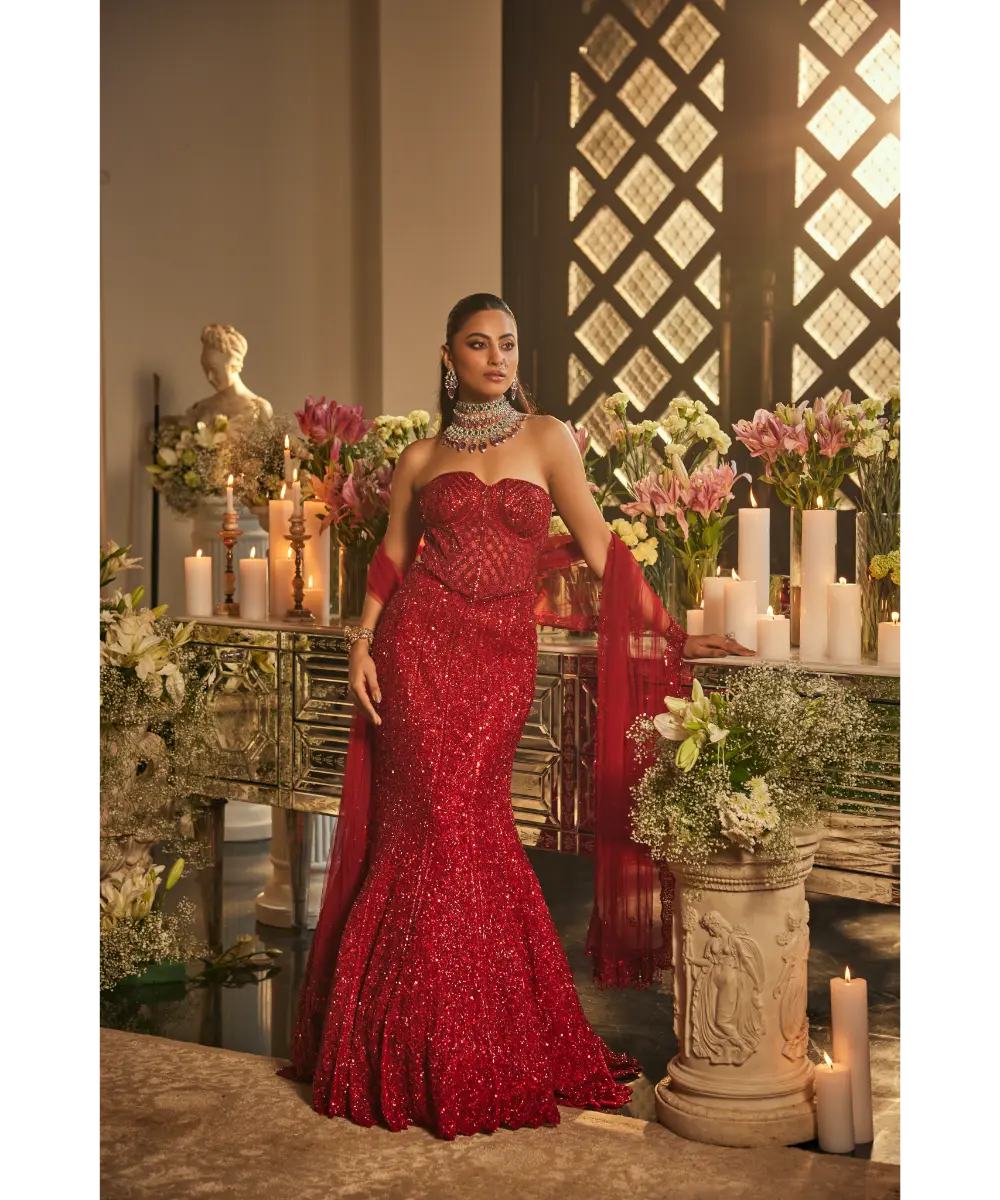 Scarlet Red Net Sequins & Cutdana Embroidered Fish-Cut Lehenga Set