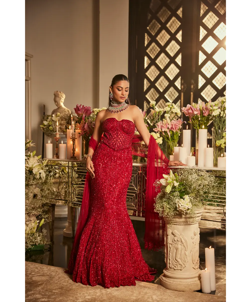 Scarlet Red Net Sequins & Cutdana Embroidered Fish-Cut Lehenga Set