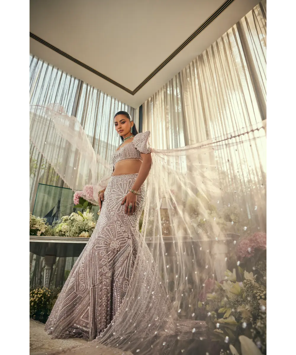 ISA BY DOLLY WAHAL - Lavender Net Sequins & Cutdana Embroidered Mermaid Lehenga Set