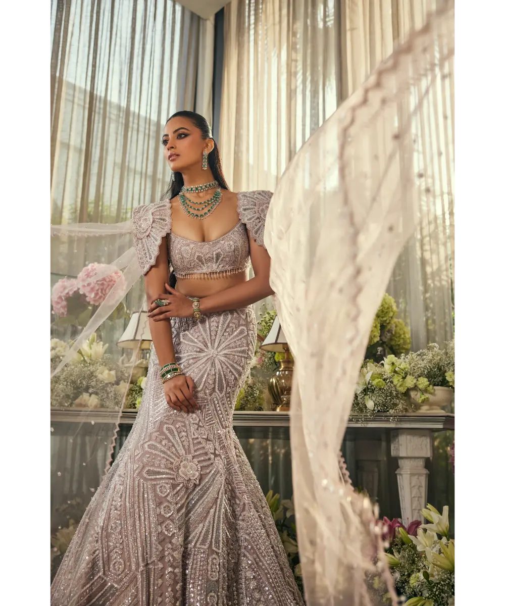 ISA BY DOLLY WAHAL - Lavender Net Sequins & Cutdana Embroidered Mermaid Lehenga Set