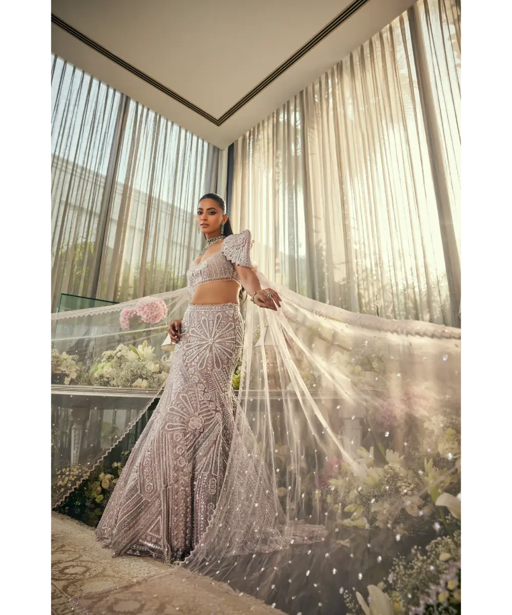 Lavender Net Sequins & Cutdana Embroidered Mermaid Lehenga Set