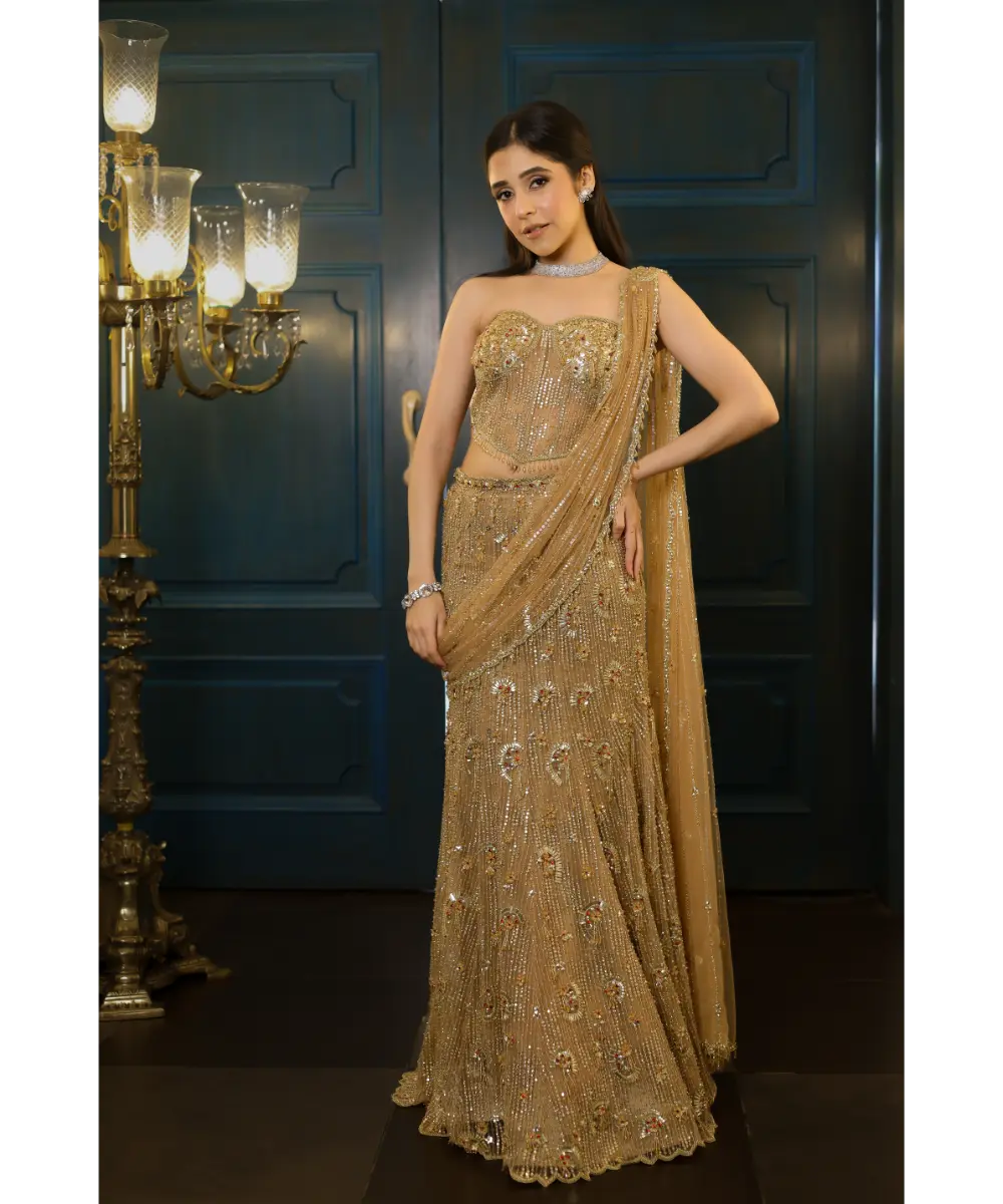 Gold Net Crystal Embroidered Pre-Draped Skirt Saree Set