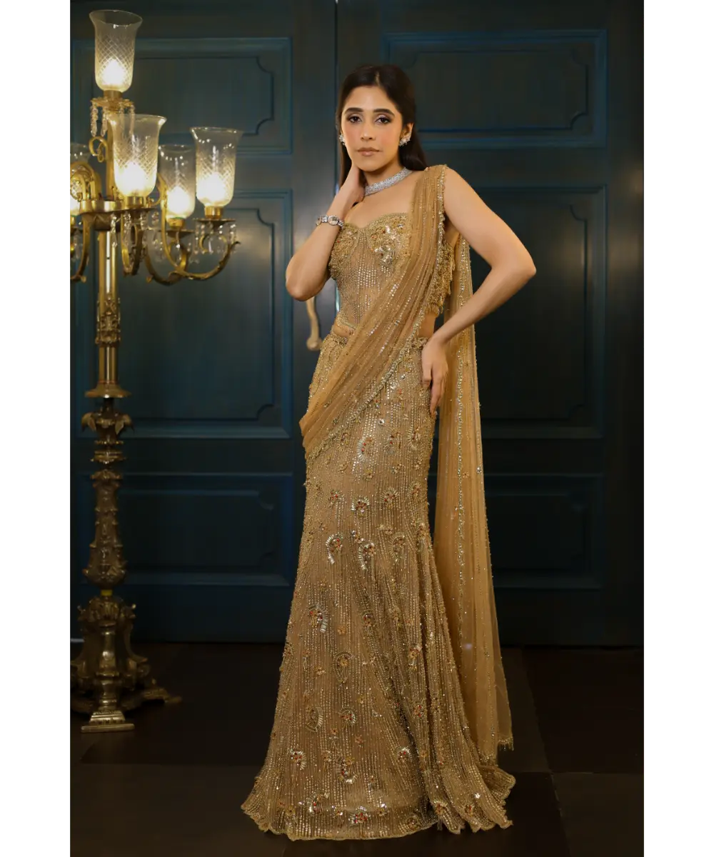 Gold Net Crystal Embroidered Pre-Draped Skirt Saree Set