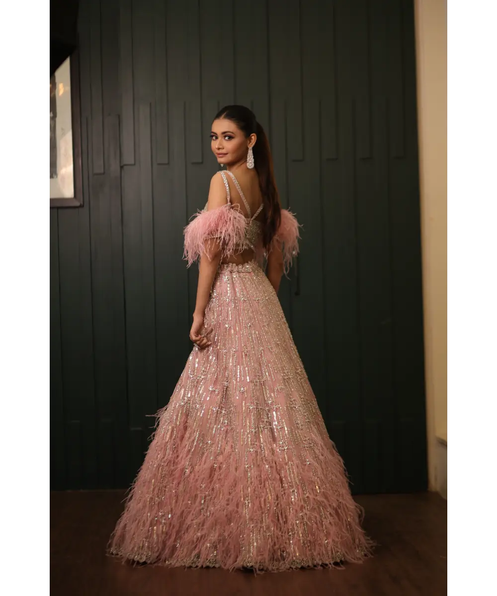 ISA BY DOLLY WAHAL - Pink Feather Lehenga