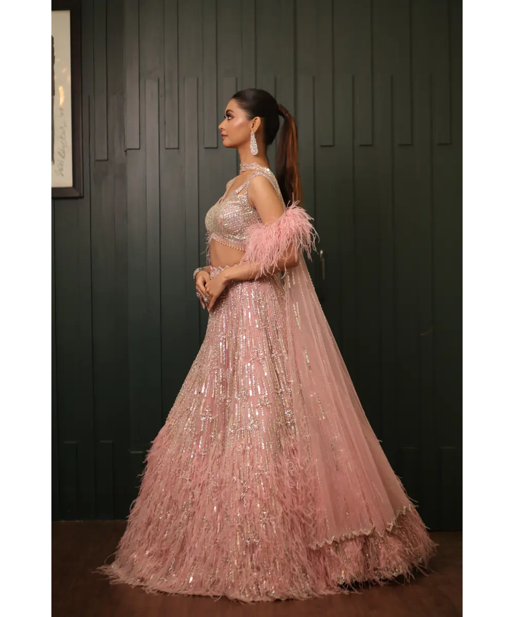 ISA BY DOLLY WAHAL - Pink Feather Lehenga