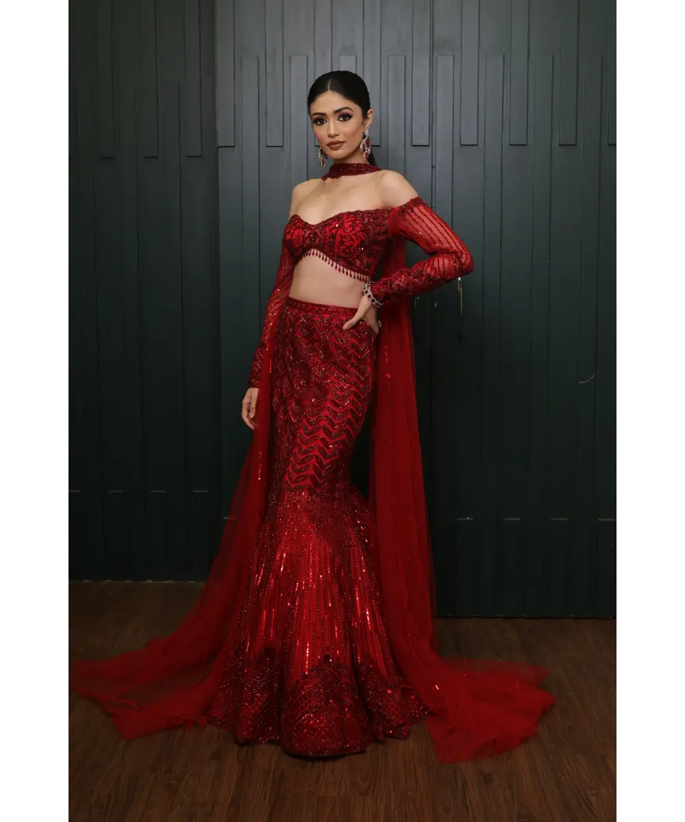 ISA BY DOLLY WAHAL - Red Fishcut Lehenga