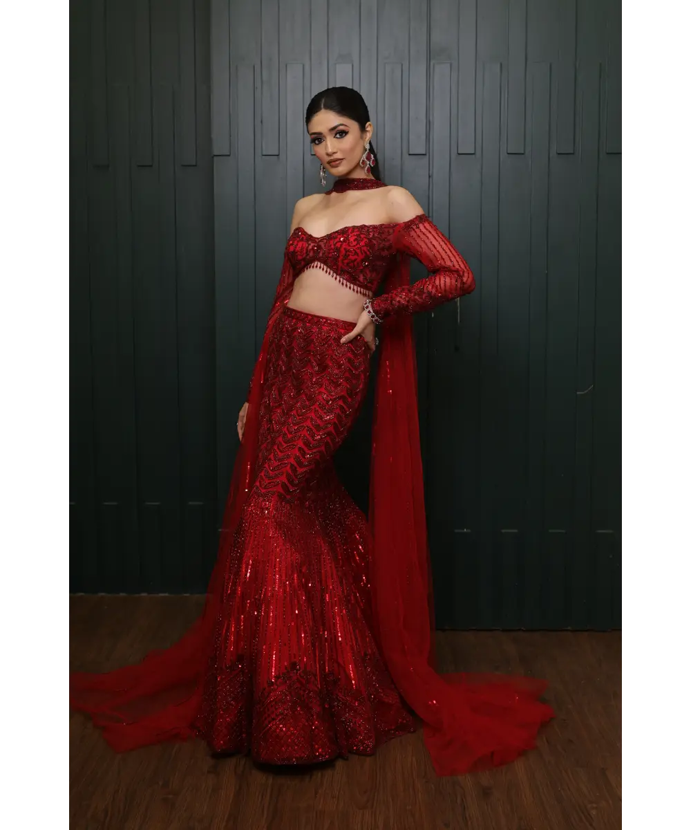 ISA BY DOLLY WAHAL - Red Fishcut Lehenga