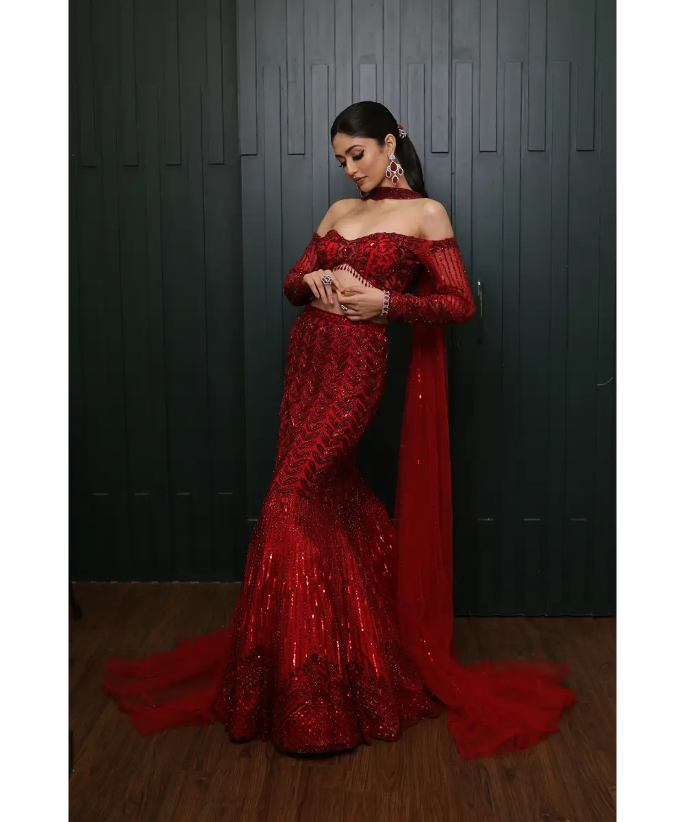 ISA BY DOLLY WAHAL - Red Fishcut Lehenga