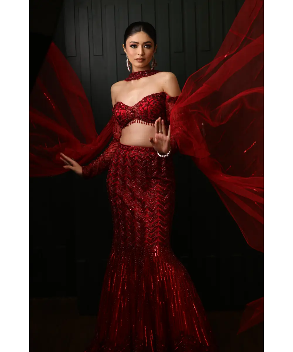 ISA BY DOLLY WAHAL - Red Fishcut Lehenga