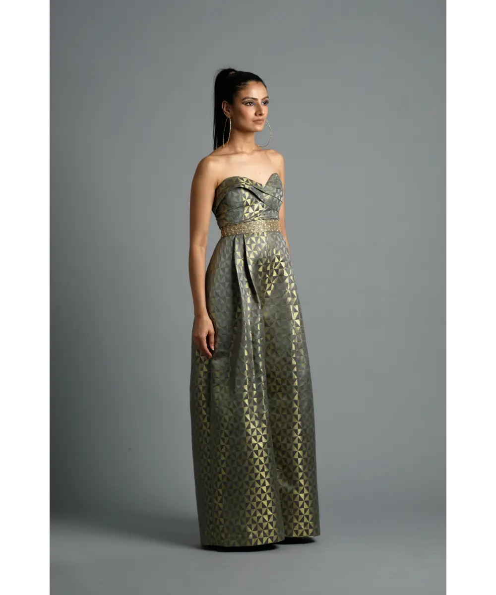 Aastha Sood - Geometric grey Brocade Jumpsuit