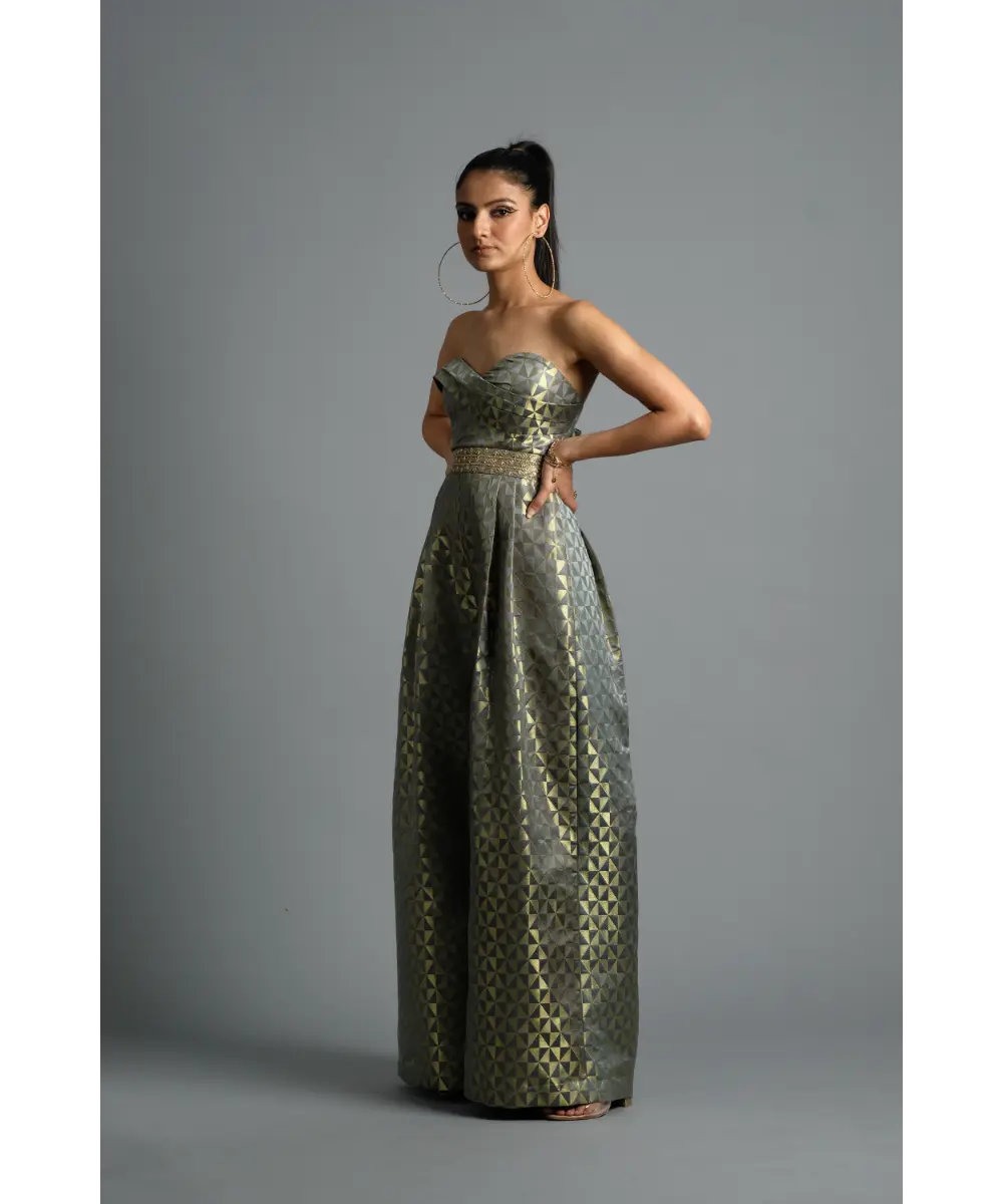 Aastha Sood - Geometric grey Brocade Jumpsuit