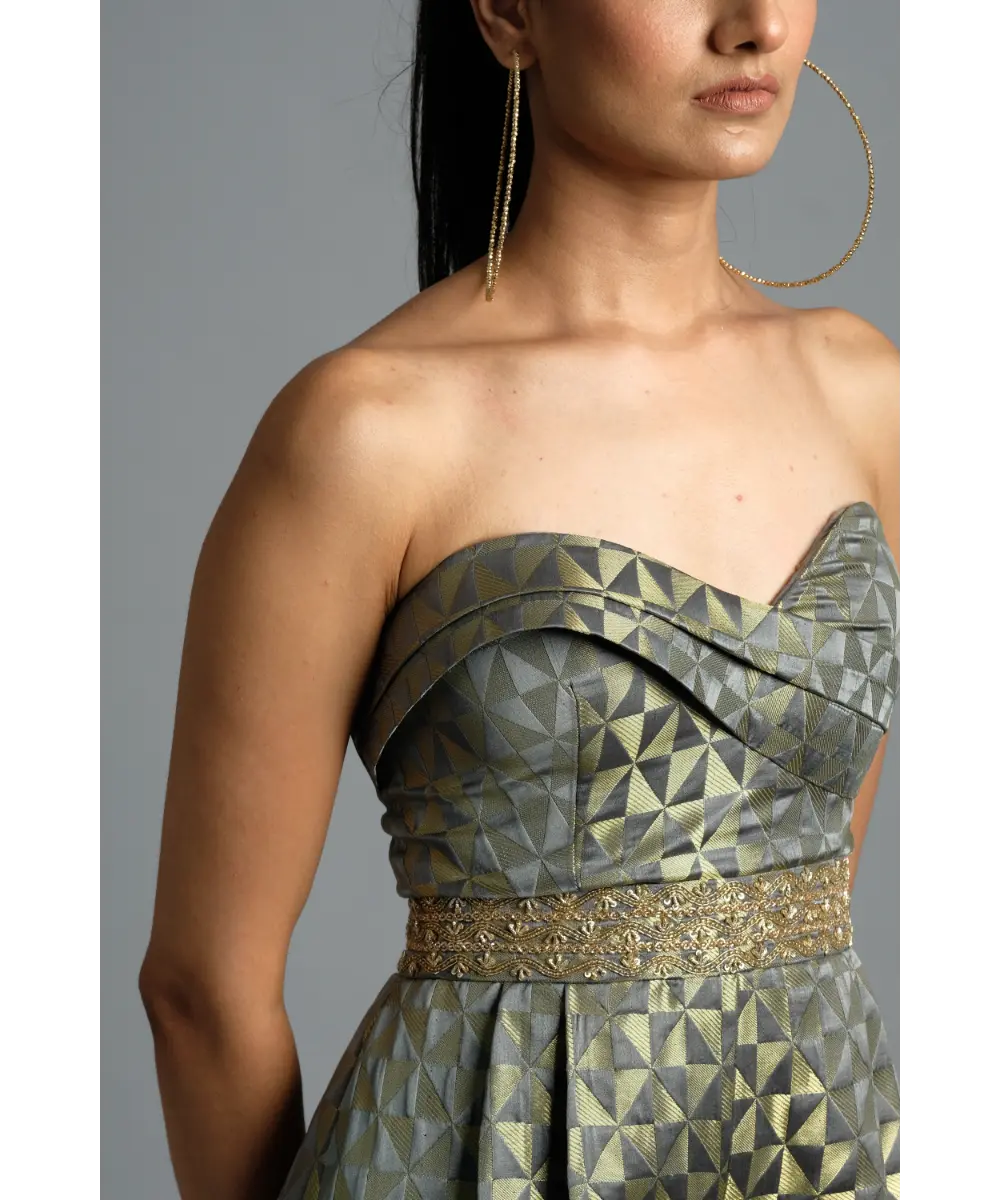 Aastha Sood - Geometric grey Brocade Jumpsuit