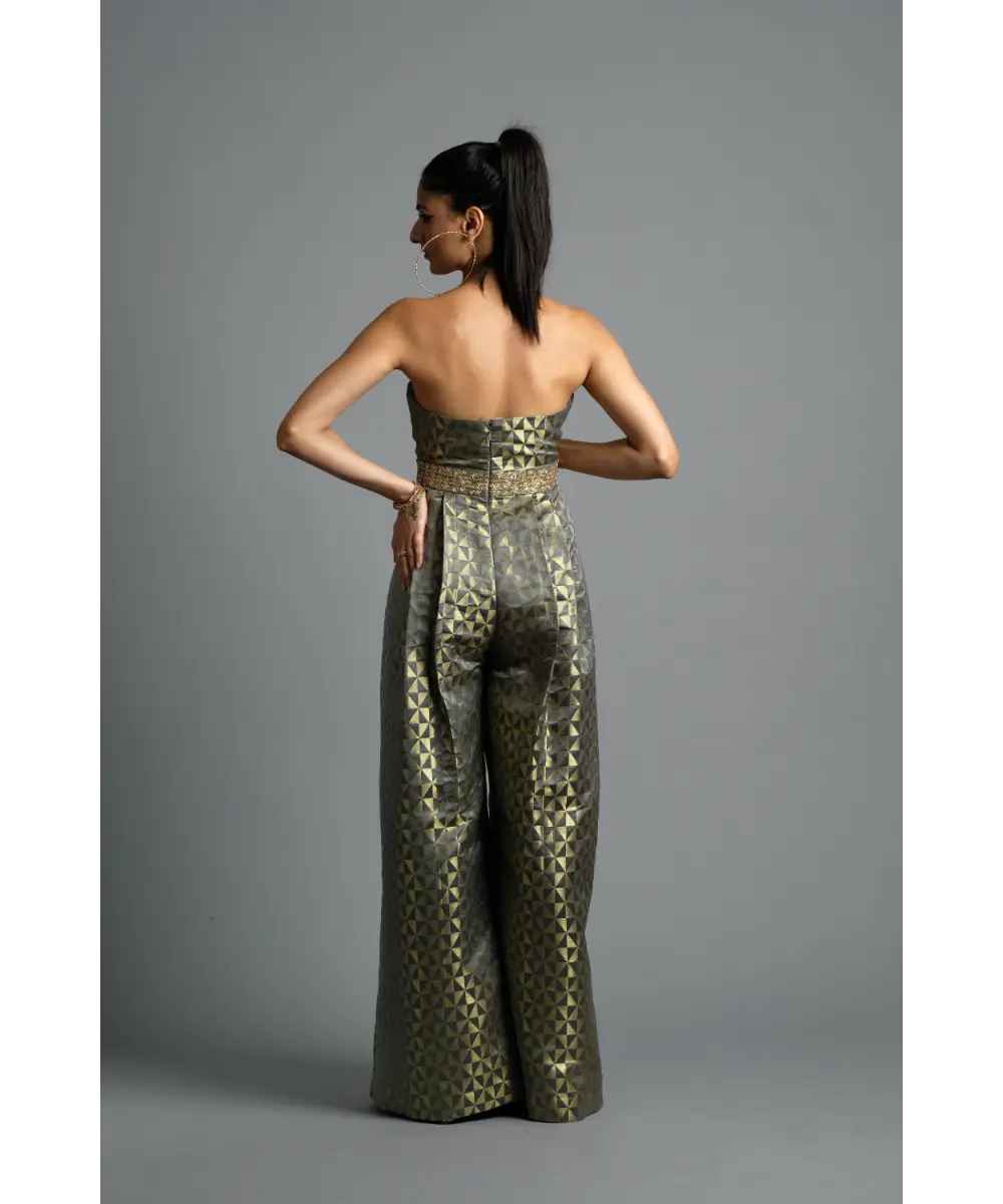 Aastha Sood - Geometric grey Brocade Jumpsuit