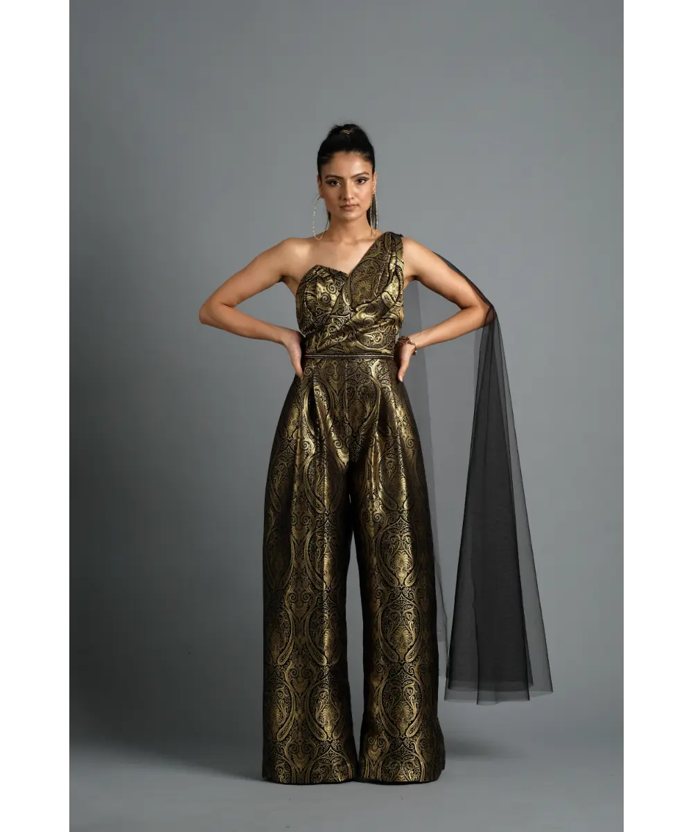 Aastha Sood - Black Brocade Jumpsuit