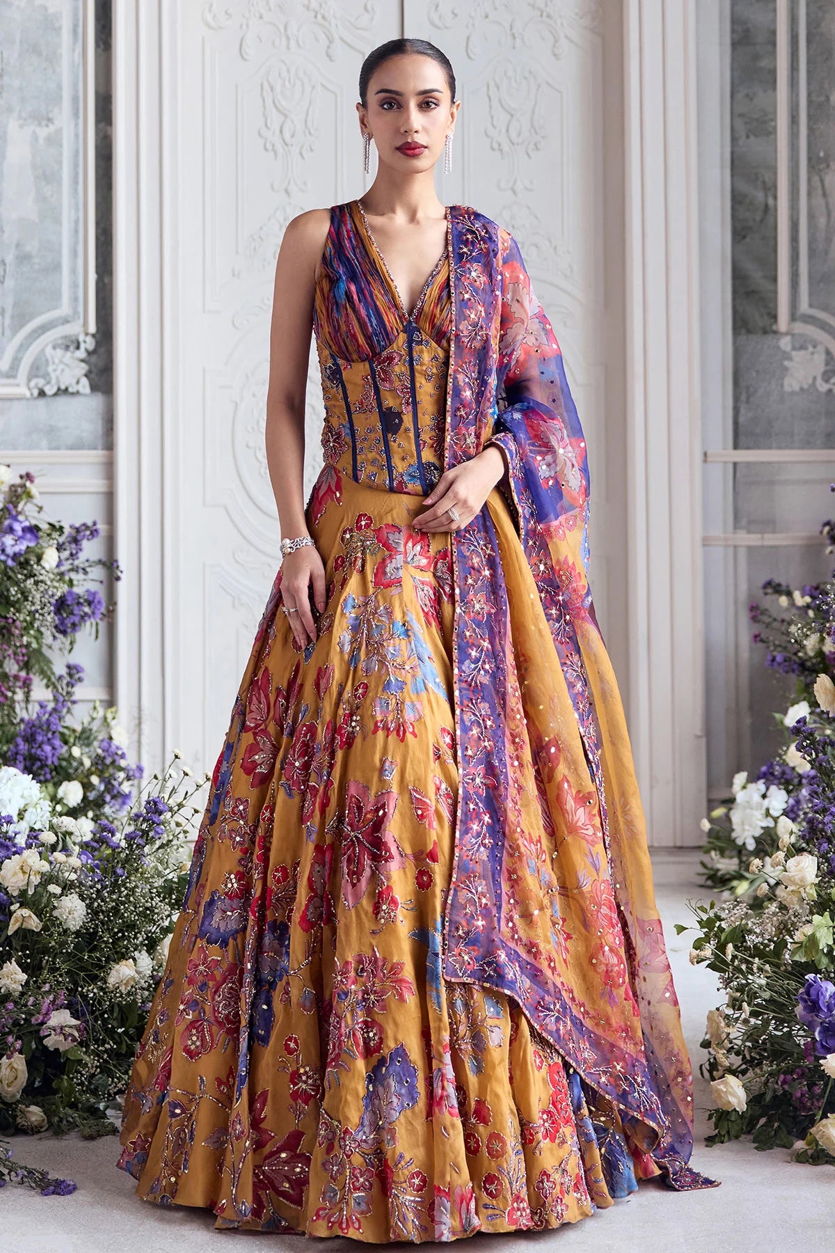 RUCHED CORSET PAIRED WITH HEAVY EMBROIDERED LEHENGA AND DUPATTA - MAHAM