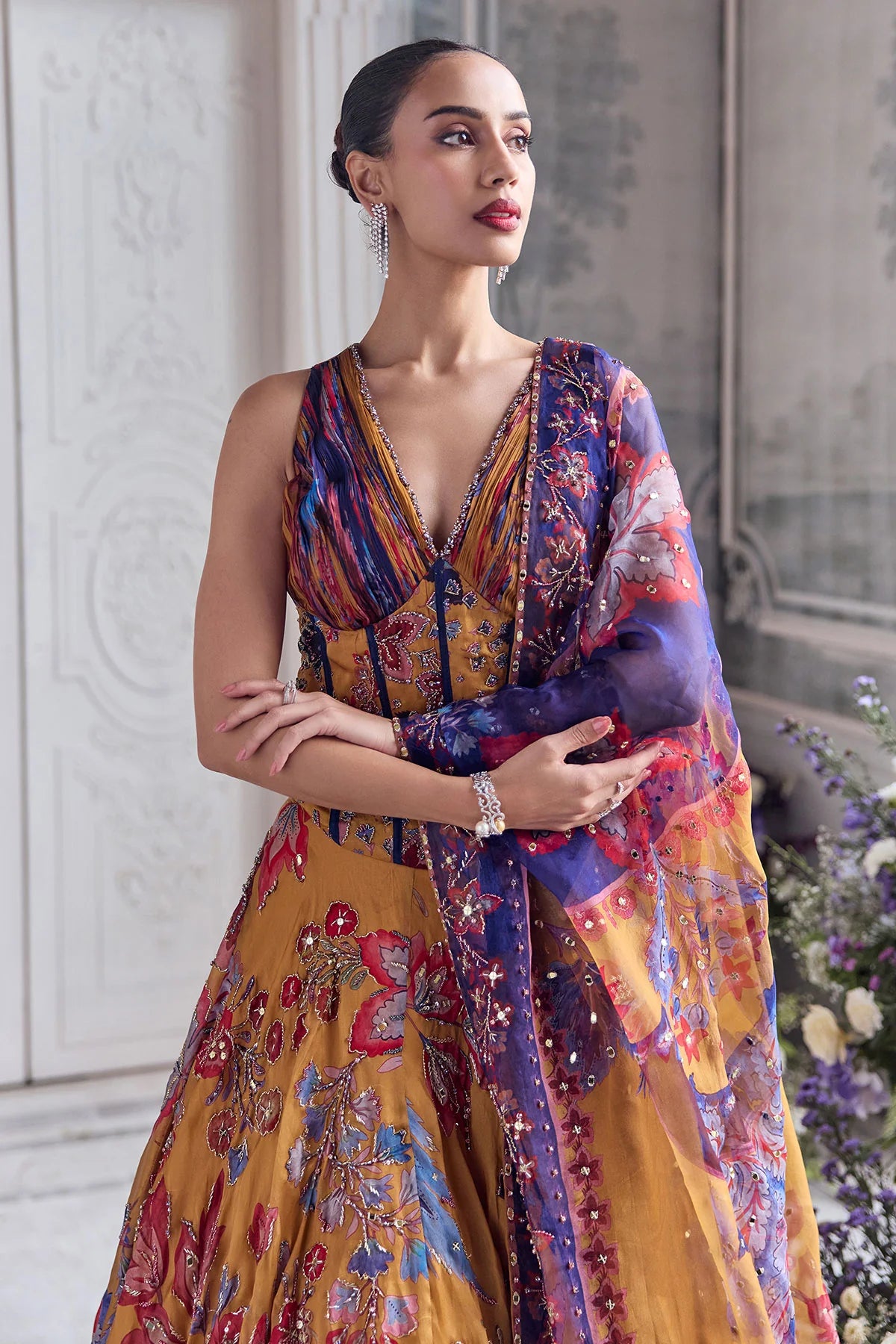 RUCHED CORSET PAIRED WITH HEAVY EMBROIDERED LEHENGA AND DUPATTA - MAHAM