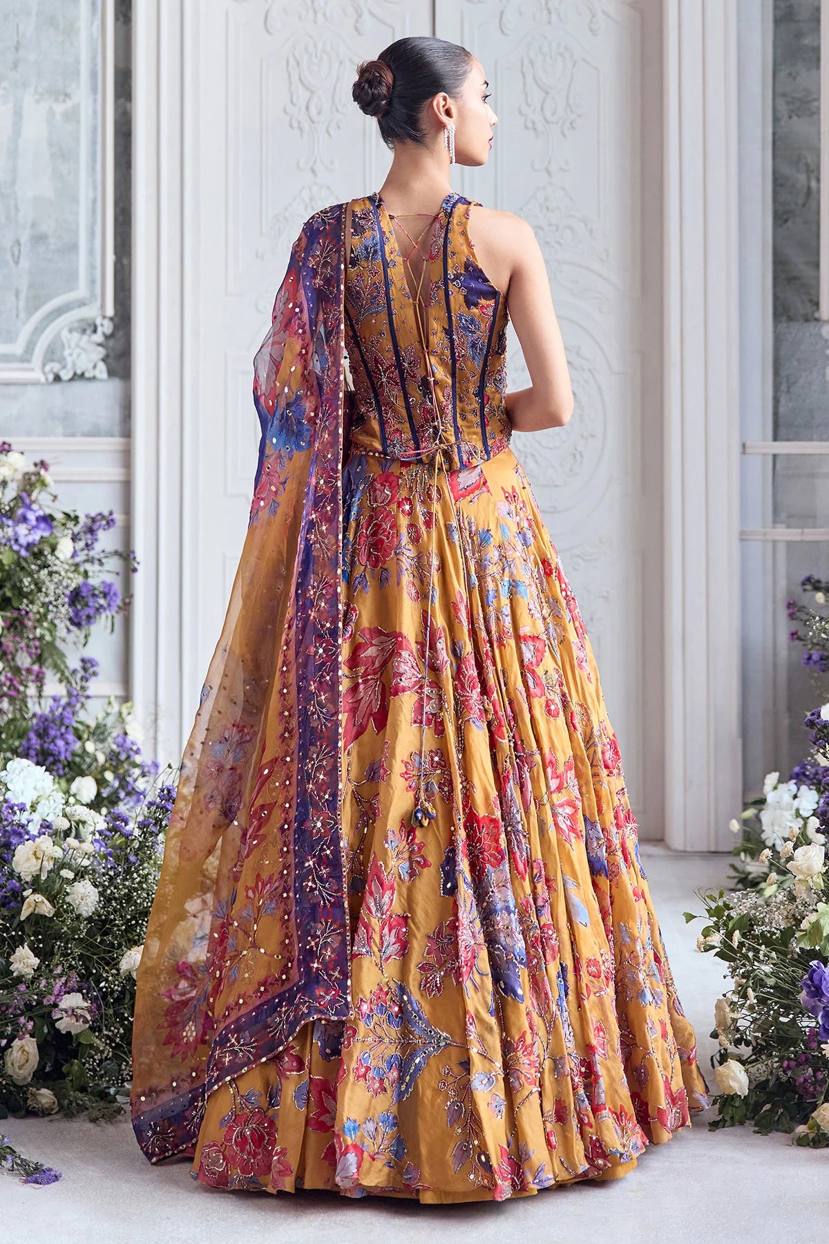 RUCHED CORSET PAIRED WITH HEAVY EMBROIDERED LEHENGA AND DUPATTA - MAHAM