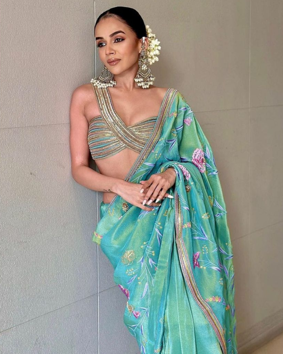 Aastha Sood - Aqua Silk Tissue Saree with Pink and Gold Embroidery (Sale Piece)