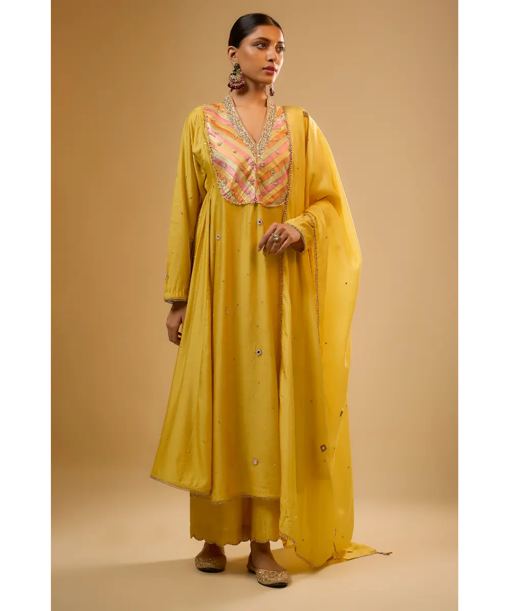 NITI BHOTRA - Nazakat Yellow Stripe Yoke Kurta Set