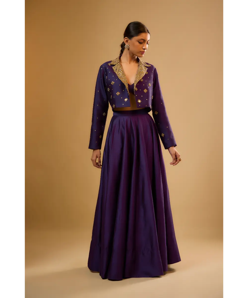NITI BHOTRA - Nazakat Purple Mirror Butti Jacket Style Lehenga Set