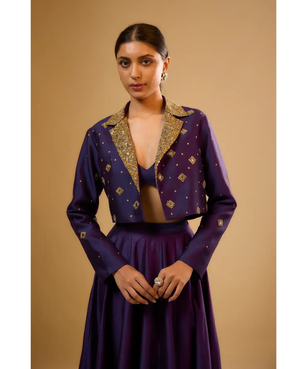 NITI BHOTRA - Nazakat Purple Mirror Butti Jacket Style Lehenga Set