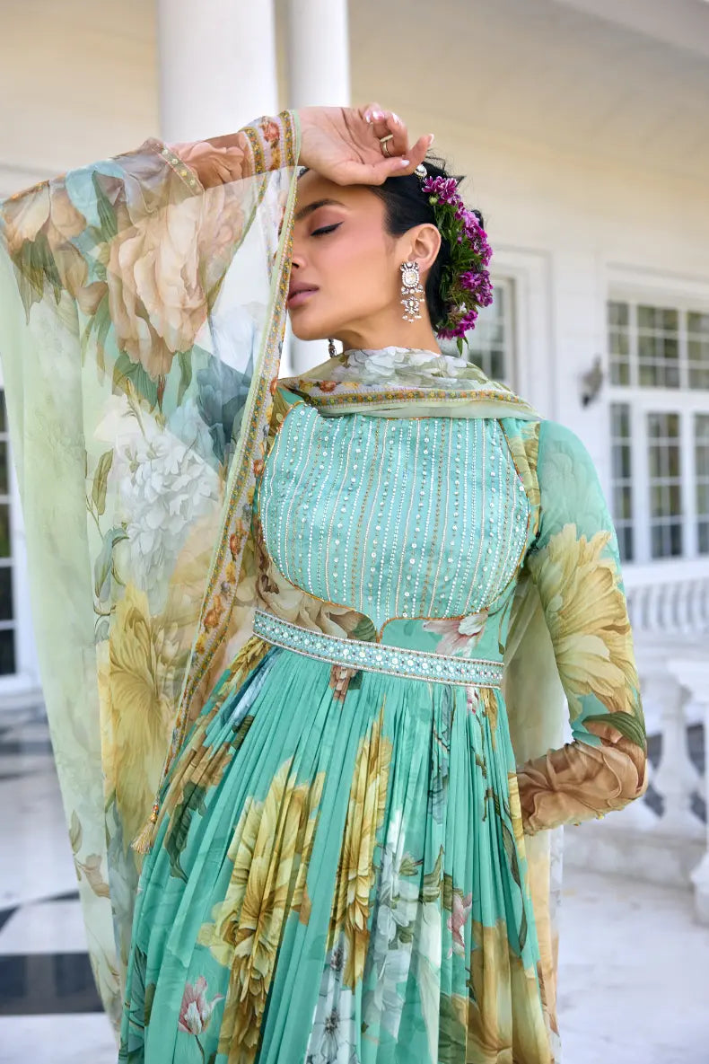 KALISTA - Tarini Anarkali Set Aqua Green